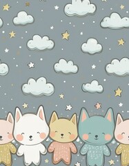 Cute cloud and stars on pastel grey bottom border seamless pattern. Generated image
