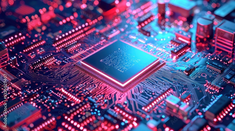 Poster close-up of a glowing cpu on a circuit board. (2)