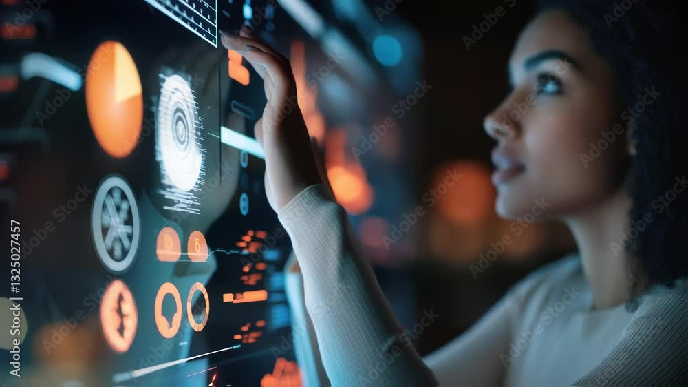 Aufkleber young female scientist analyzing data on futuristic transparent display screen, touching holographic