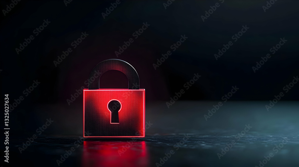 Poster red glowing digital lock on dark background symbolizing cybersecurity in the digital age with a focu