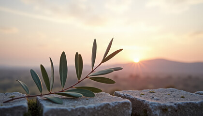 Olive branch on stone ledge at sunset with scenic landscape