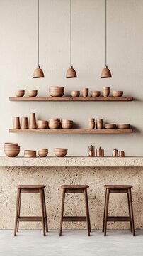 Wooden shelves with terracotta bowls and mugs, countertop, bar stools.  Use  Interior design, kitchen decor, restaurant
