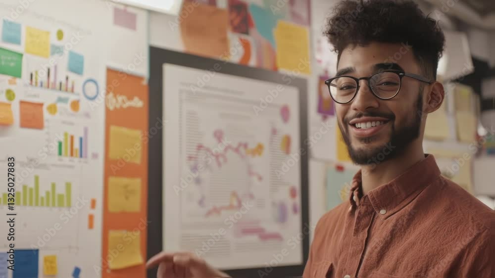 Aufkleber happy young businessman pointing at colorful sticky notes and graphs on a whiteboard while presentin