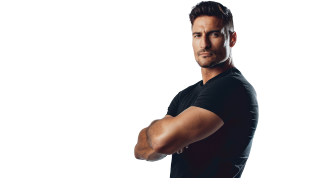 Serious security guard crossing arms on transparent background - Powered by Adobe