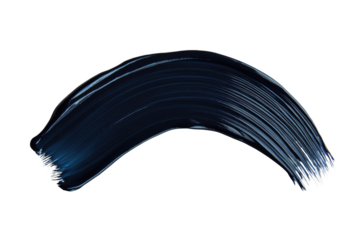 Black cosmetic product swatch on a white background, isolated, with a curved brush stroke