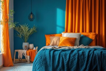 Teal and orange bedroom interior with sunlight.
