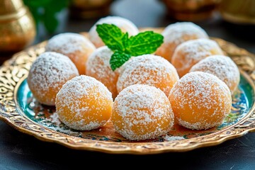 A platter showcases round, powdered sweets garnished with a mint leaf, highlighting their vibrant orange hue. The setting exudes warmth and celebration