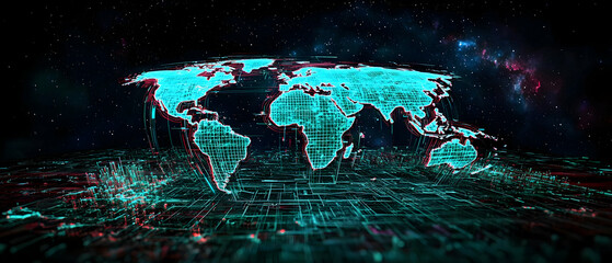 Glowing Digital Turquoise World Map Over Dark Grid With Abstract Galaxy Background