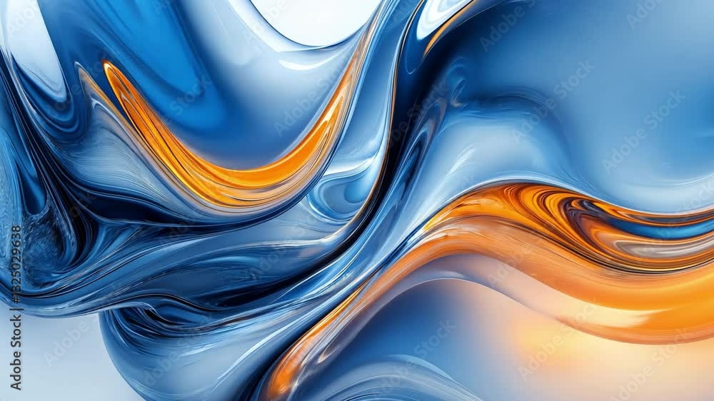 Poster an abstract image featuring fluid waves of blue and orange colors. the smooth textures create a sens