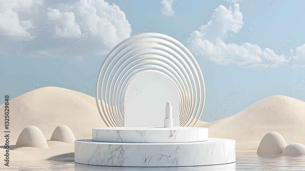 Aufkleber white marble podium with concentric circle backdrop on sand dunes under blue sky with clouds in mini
