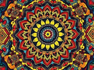 Fototapeta premium Colorful Mandala Art Floral Pattern Design with Vibrant Red, Blue, Yellow, and Orange Colors.