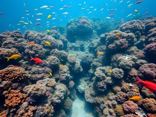 Naklejka premium Vibrant Underwater Coral Reef Scene with Colorful Tropical Fish, Ocean Life Ecosystem.