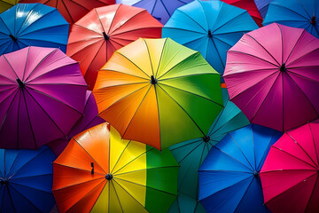 Many colorful umbrellas. Rainbow gay pride protection