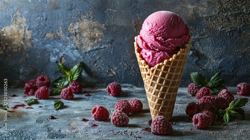 Poster raspberry ice cream scoop in waffle cone with fresh raspberries and mint.