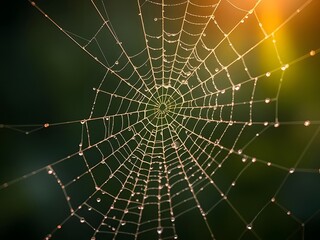 Obraz premium Delicate Dew-Kissed Spiderweb Illuminated by Sunlight, Nature's Architecture, Close-Up Macro Photography.