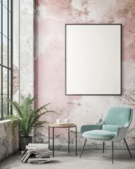 Teal armchair, coffee table, and blank poster in a pink textured room.