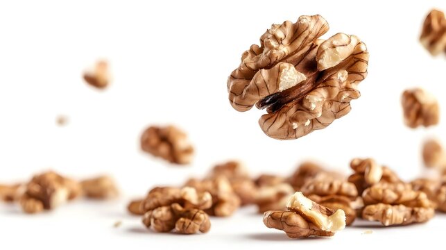 Walnuts falling and rotating on white
