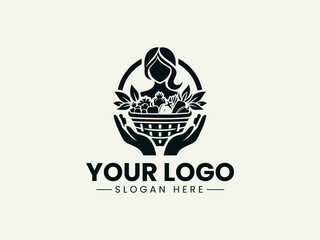 Woman with Vegetable Basket Vector Logo Illustration, Female Farmer Illustration Logo