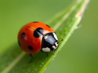 Fototapeta premium Macro Photography of a Ladybug on a Green Leaf - Coccinella, Beetle, Insect Close-up, Nature Background.