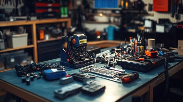 Variety of Tools and Equipment Organized on a Workbench Surface