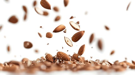 Obraz premium Shelled almonds falling freely vertically