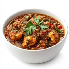 Fototapeta premium Exquisite Chicken Curry: A vibrant and aromatic chicken curry dish served in a pristine white bowl, showcasing a symphony of colors and flavors.