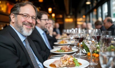Smiling Man at Upscale Restaurant Dinner