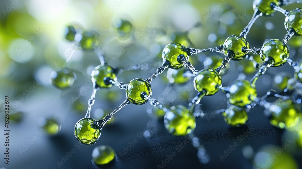 Poster abstract 3d rendering of a molecule structure with green spheres connected by silver lines, set agai