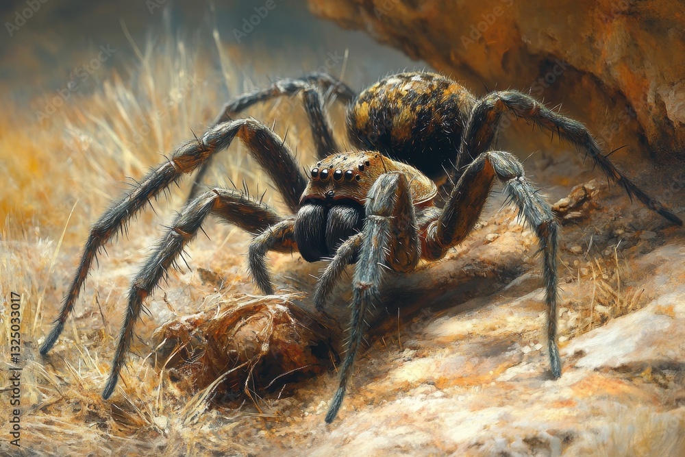Poster close-up view of a large spider crawling over a rocky surface in a natural habitat during daylight h