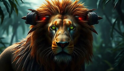 Futuristic cybernetic lion with glowing eyes in a lush jungle setting