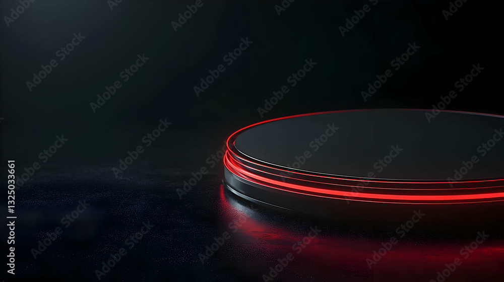 Poster circular stage with red led edges on wet reflective surface against dark background