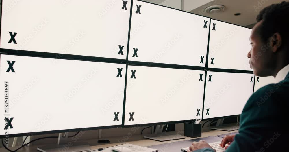 Poster Typing, mockup and businessman on computer screen in office for research with stock market. Technology, tracking markers and finance manager with blank space on desktop in workplace for profit report