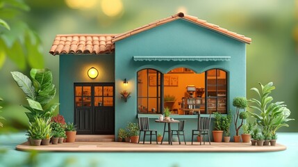 Miniature coffee shop, patio, plants, warm evening