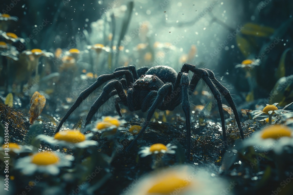 Poster close-up view of a large spider crawling over a rocky surface in a natural habitat during daylight h