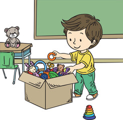 Hand-drawn illustration of a young boy organizing toys in a classroom, promoting responsibility and tidiness. Perfect for children’s activity books, early learning resources, and classroom posters.