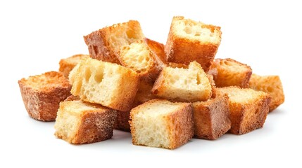Group of baked crusty bread cube croutons