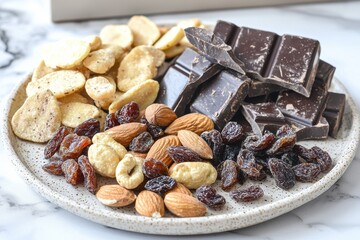 Fototapeta premium A delicious and healthy snack plate with dark chocolate, almonds, raisins and puffed rice, perfect for a quick energy boost and satisfying sweet cravings.