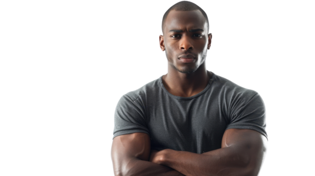 Serious black man crossing arms on transparent background - Powered by Adobe