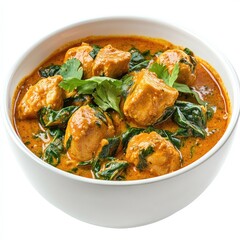 Fototapeta premium Spicy chicken curry with rice in a bowl, featuring vegetables and traditional Thai flavors