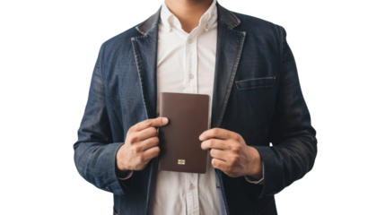 Businessman holding notebook with transparent background