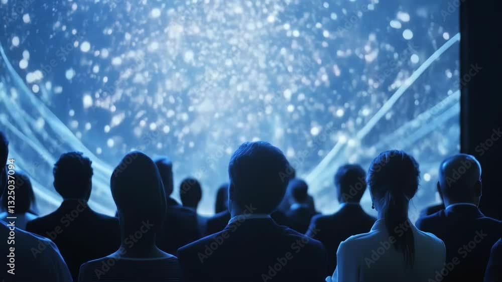 Poster business professionals attending interactive presentation, focusing on global connections, analyzing