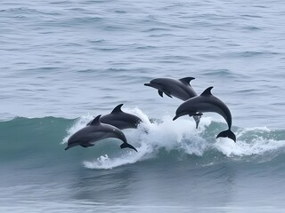 Naklejka premium Playful Dolphins Surfing Ocean Waves Wildlife Marine Mammals, Aquatic Animals, Sea Creatures, Dolphin Pod