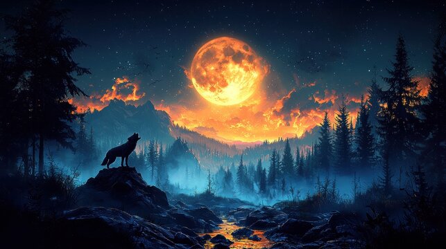 A silhouette of a wolf standing on a rocky outcrop, howling at the full moon, with a dark forest in the background. 