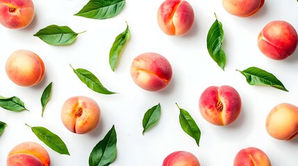 Fresh Peaches with Leaves Isolated on White Background