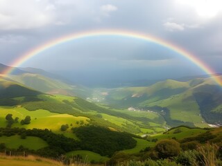 Fototapeta premium Full Rainbow Over Lush Green Valley Landscape, Nature's Beauty, Scenic Views, Cloudy Sky.