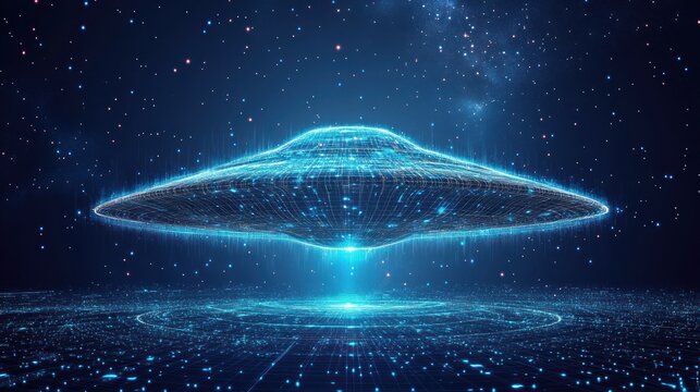 Futuristic UFO hovering over digital space