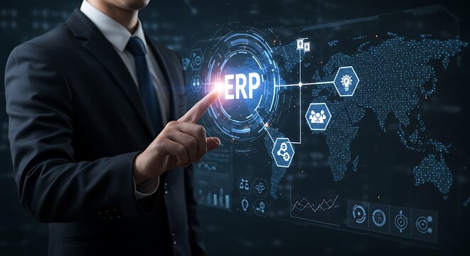 Managing Business with Technology Represented with Person Pointing to Interface