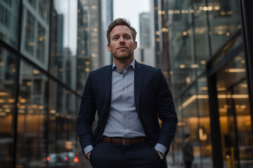 A professional yet stylish portrait of a young banker, captured in a high-end editorial photography style