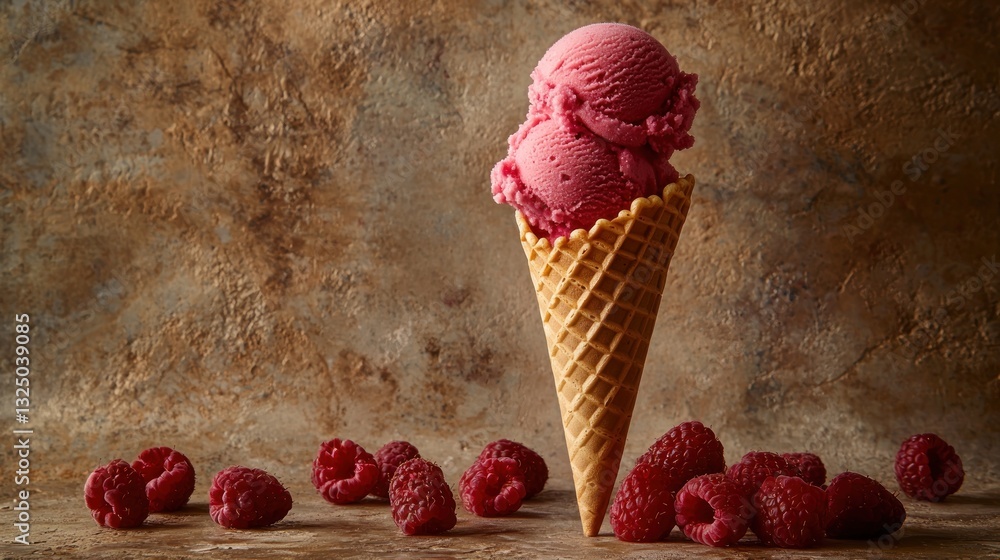 Poster two scoops of raspberry ice cream in a waffle cone with fresh raspberries.