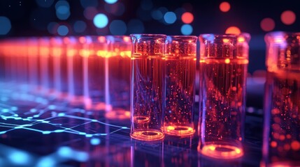 Glowing test tubes in a futuristic lab setting